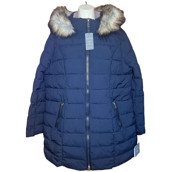 LAUNDRY BY SHELLI SEGAL Faux Fur Trim Cold Weather Parka Coat in Navy NWT Size X - Picture 2 of 9